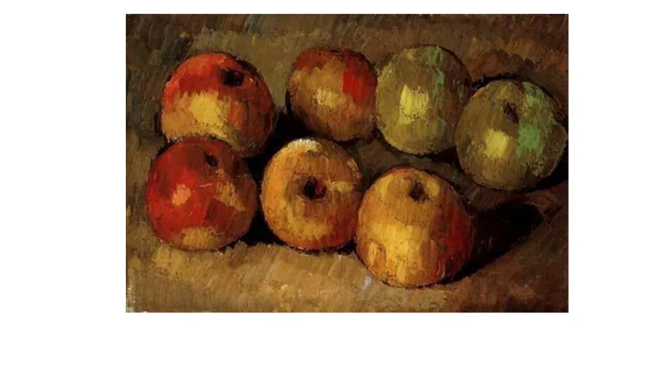 Art review slide showing a still life of seven red, yellow, and green apples casting shadows on a surface