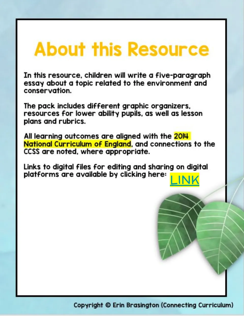 Resource overview describing a five-paragraph conservation essay, graphic organizers, lesson plans, and rubrics
