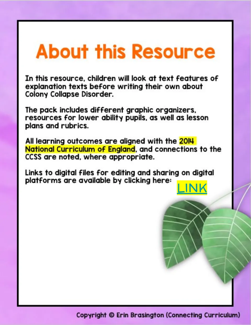 Resource overview introduces explanation texts, writing about Colony Collapse Disorder, and teaching supports