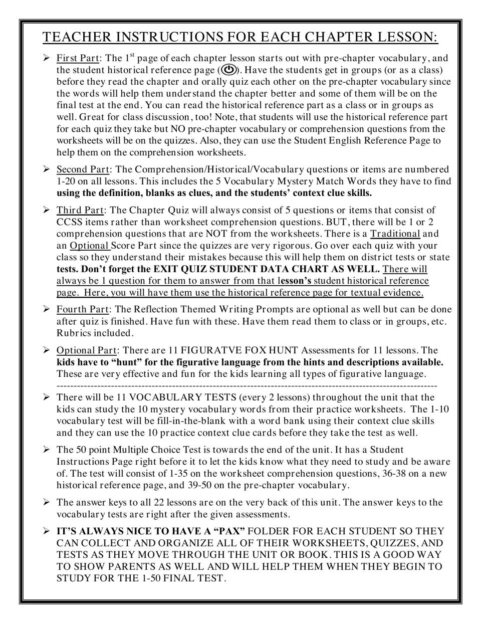 Teacher instructions for each chapter lesson: pre-chapter vocabulary, mystery words, exit quizzes, prompts and tests