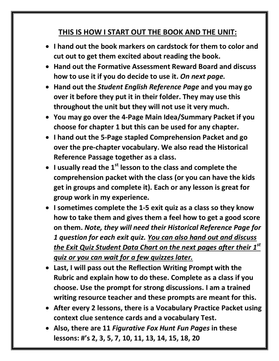 How the author starts the unit: bookmarks, reward board, reading lesson 1 together, exit quiz practice and writing rubric