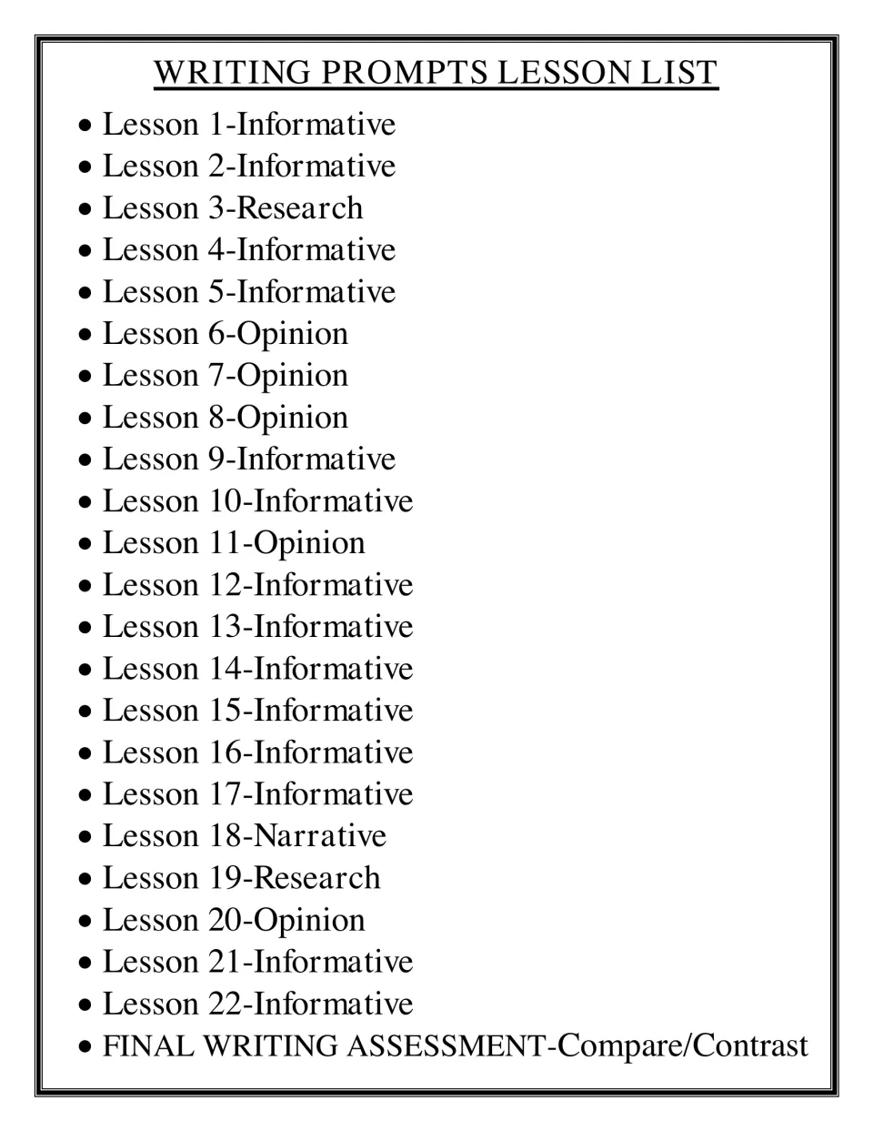 Writing prompts lesson list: prompt type for lessons 1 to 22, mostly informative and opinion, plus a compare/contrast final