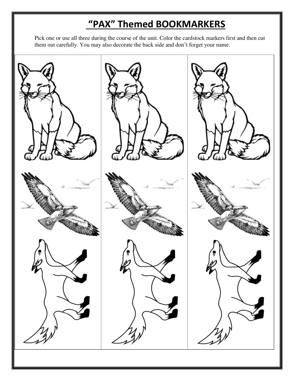 Themed bookmarks to color: three strips of sitting fox, soaring hawk and leaping fox drawings for students to cut out