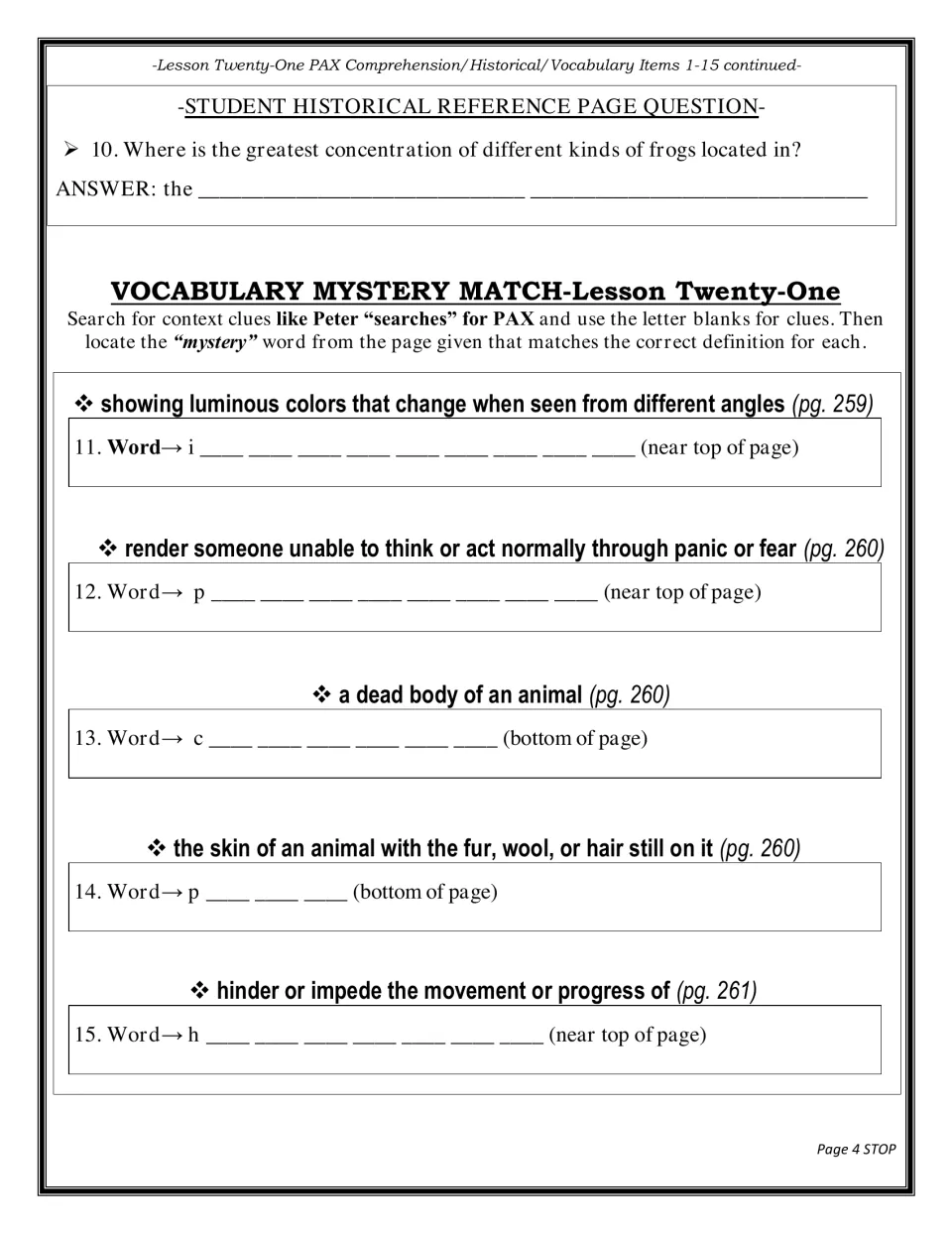 Lesson 21 vocabulary mystery match: students use definitions and letter clues to find five words from book pages 259-261