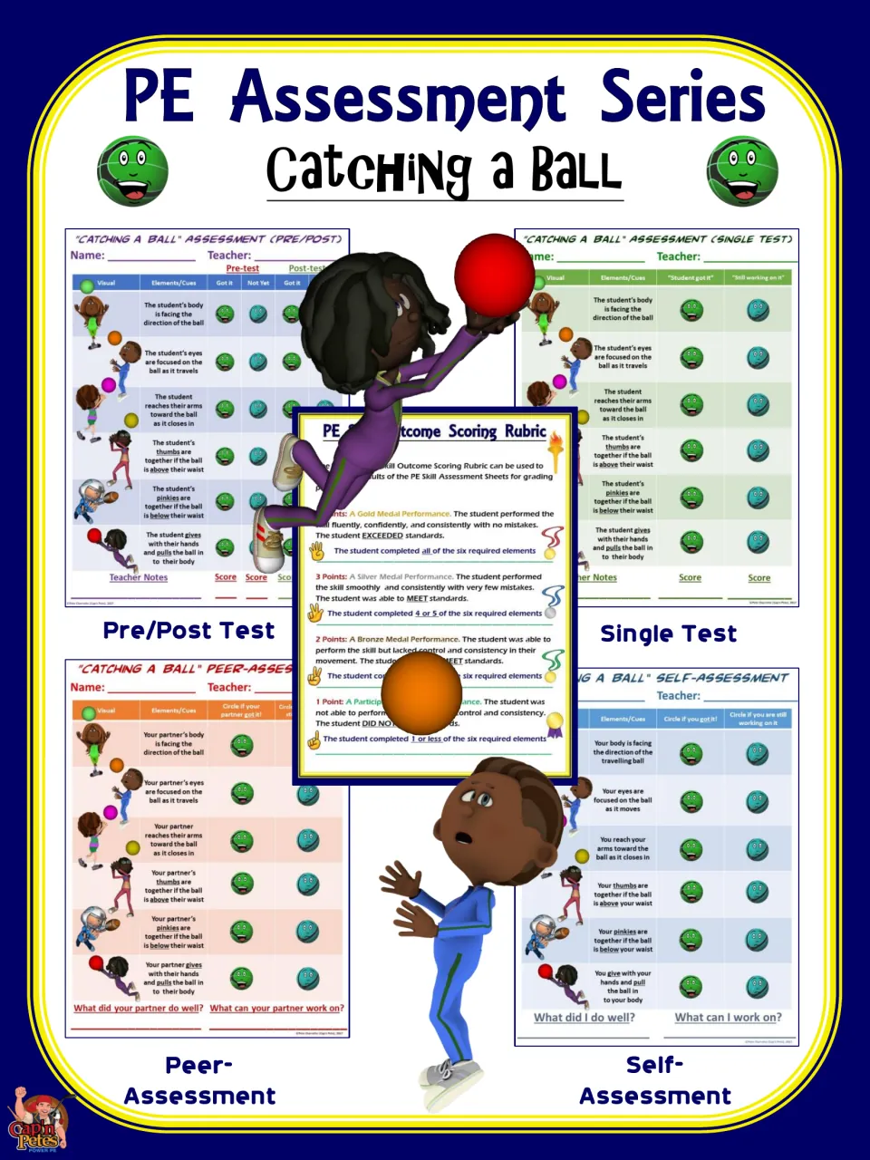 PE Assessment Series: Catching a Ball cover showing pre/post, single test, peer and self-assessment sheets and a rubric