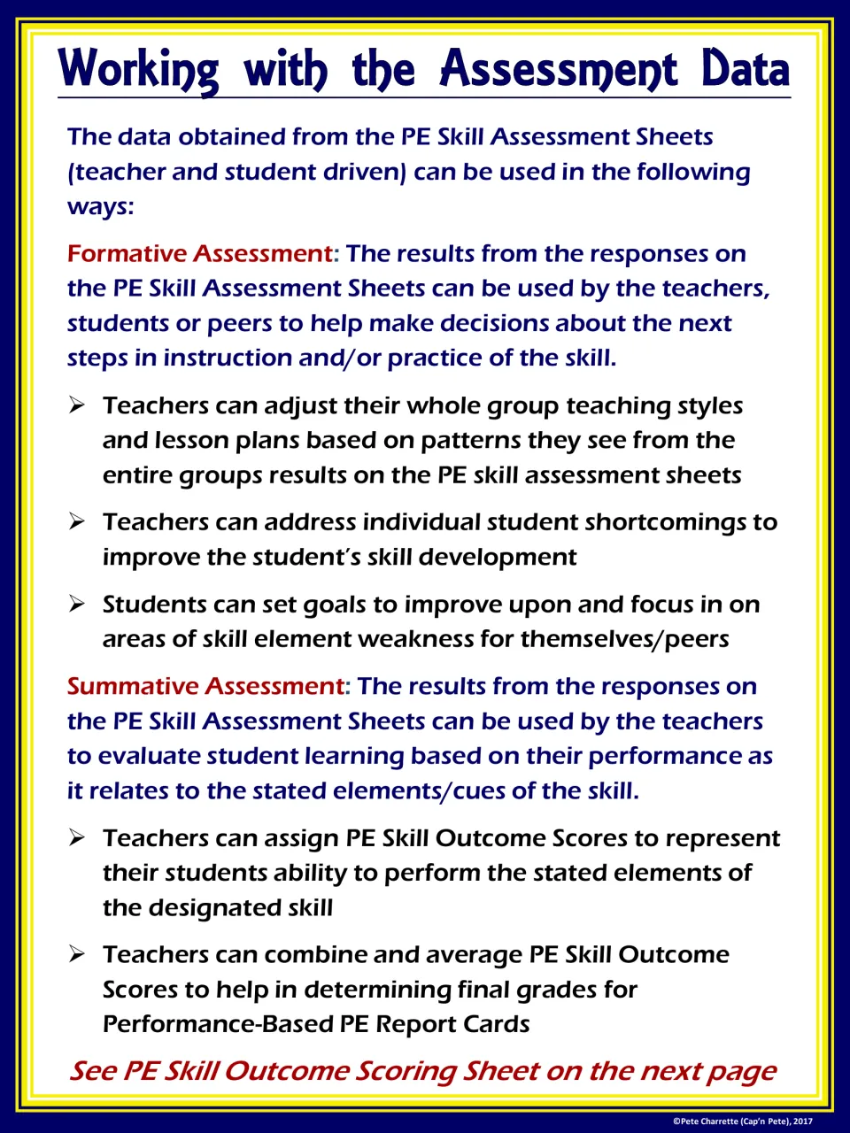 Working with the Assessment Data: ways to use sheet results for formative next steps and summative PE Skill Outcome Scores