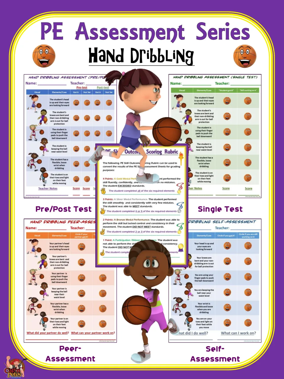 Cover of PE Assessment Series: Hand Dribbling, showing four assessment formats and a scoring rubric