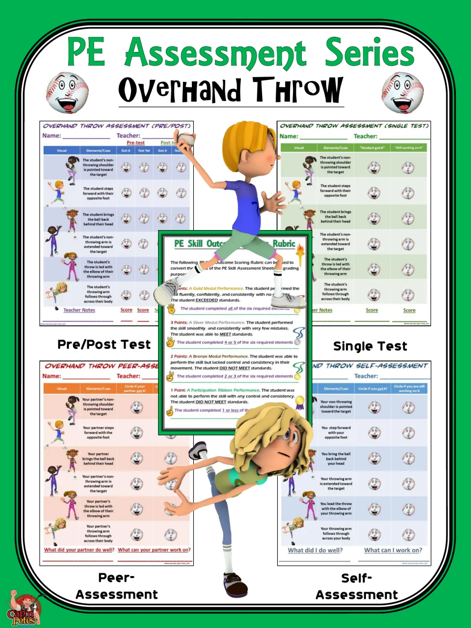 Overhand throw assessment packet cover showing pre/post, single test, peer, and self-assessment formats