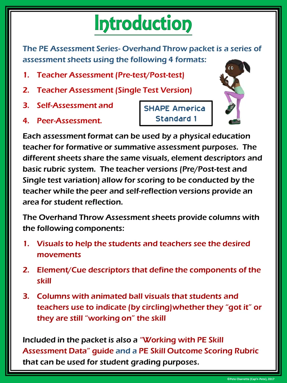 Introduction to four overhand throw assessment formats, shared skill cues, visuals, and scoring supports