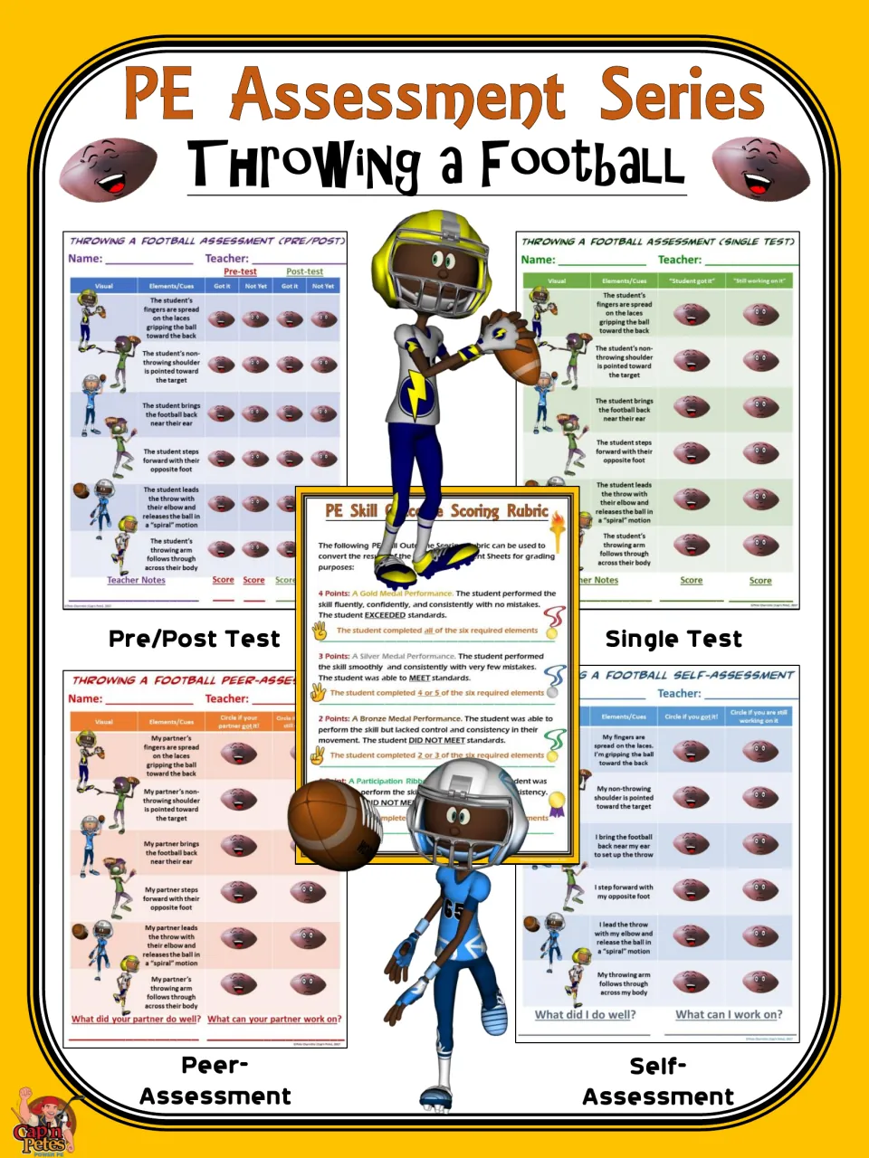 PE Assessment Series: Throwing a Football cover showing four assessment formats and a scoring rubric