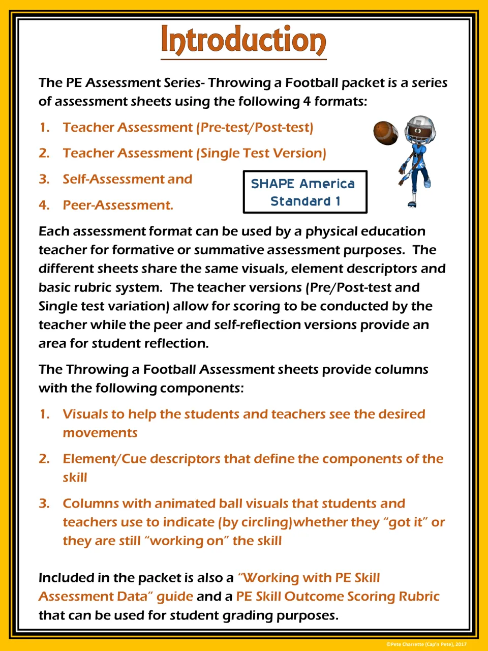 Introduction to four football assessment formats, movement visuals, skill cues, and circled skill ratings