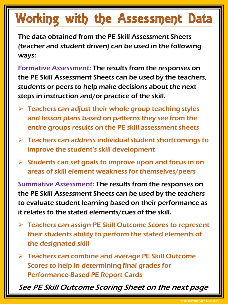 Assessment data guide explains using football skill results to adjust instruction, set goals, and assign grades