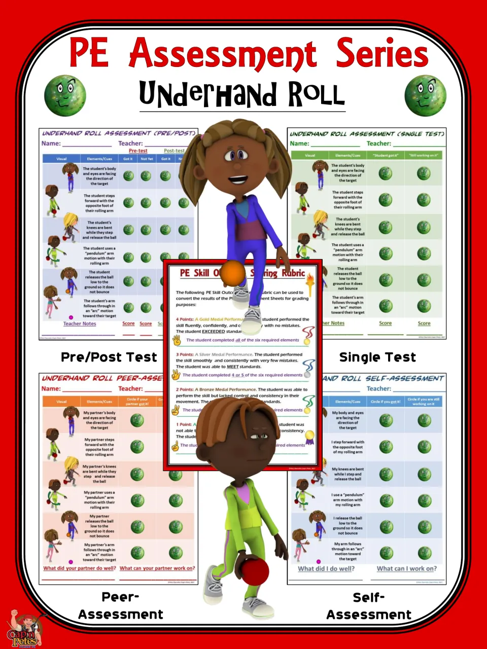 PE Assessment Series: Underhand Roll cover showing pre/post, single test, peer and self-assessment sheets and a rubric