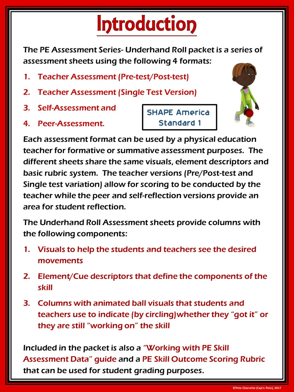 Introduction listing the four sheet formats: teacher pre/post-test, single test, self-assessment and peer-assessment