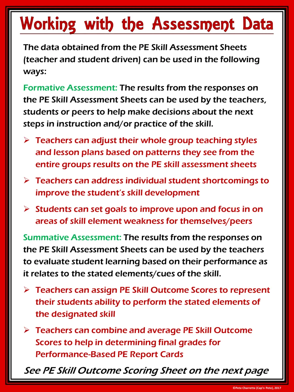 Working with the Assessment Data guide explaining formative and summative uses of sheet results for teachers and students
