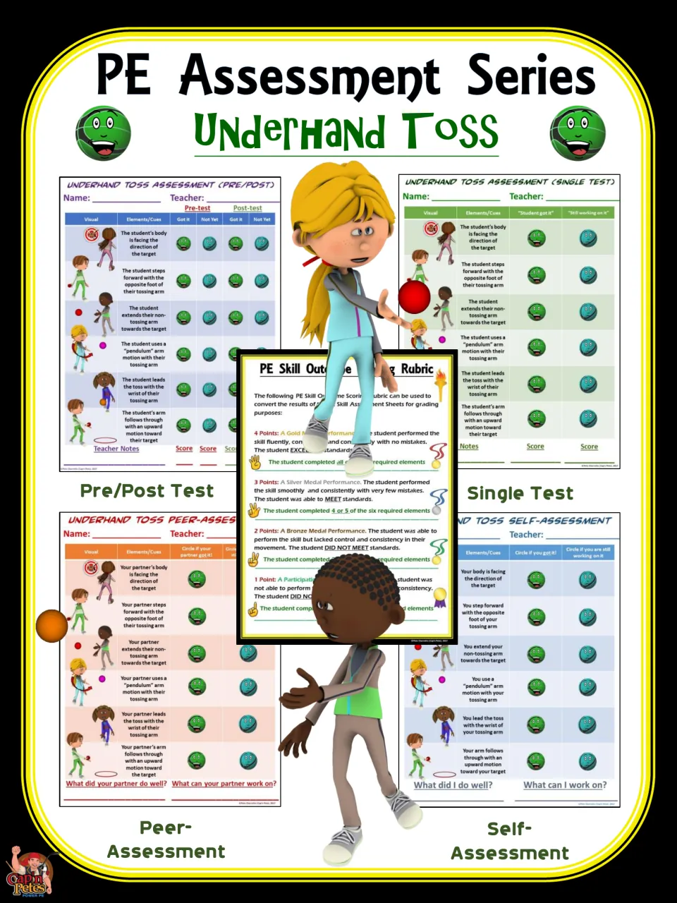 PE Assessment Series: Underhand Toss cover showing pre/post, single test, peer and self-assessment sheets and scoring rubric