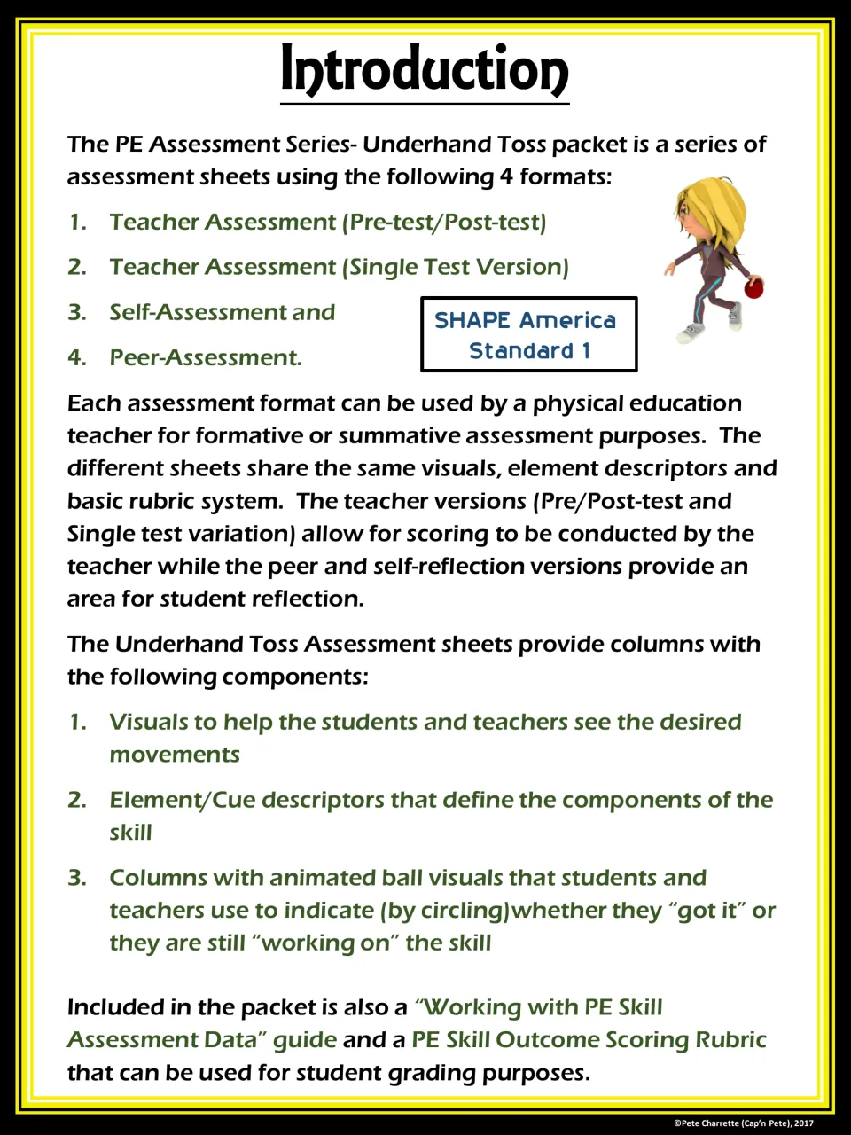 Introduction listing four underhand toss assessment formats and the visuals, cues and got it/working on it ratings