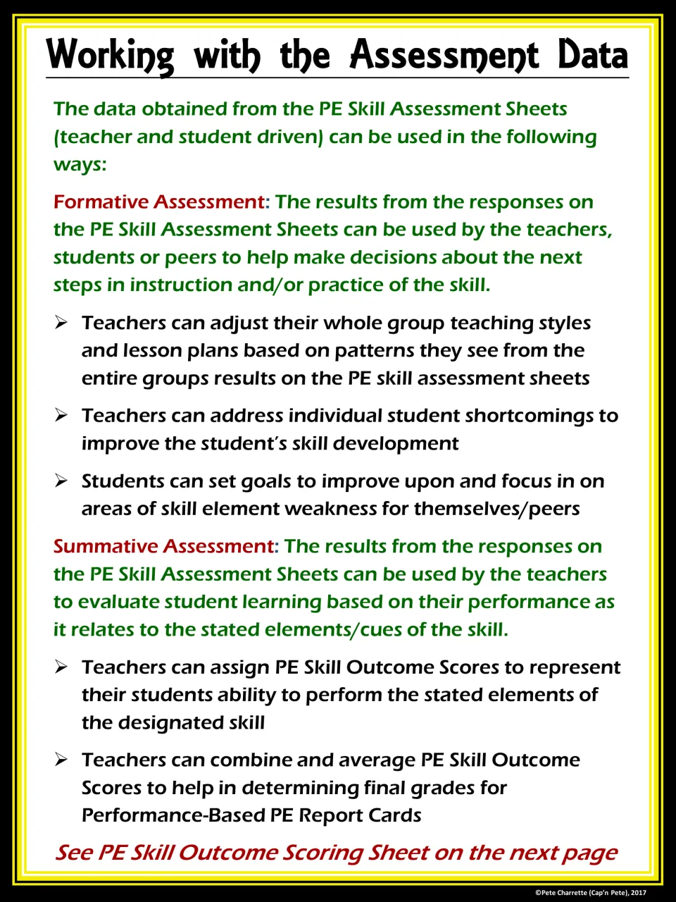 Working with the Assessment Data: ways to use sheet results for formative and summative assessment, goals and report cards