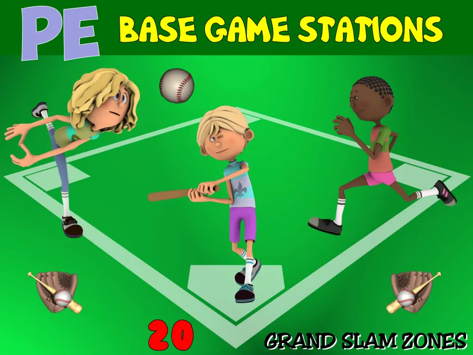 PE Base Game Stations cover: 20 Grand Slam Zones, with cartoon kids pitching, batting and running on a ball diamond