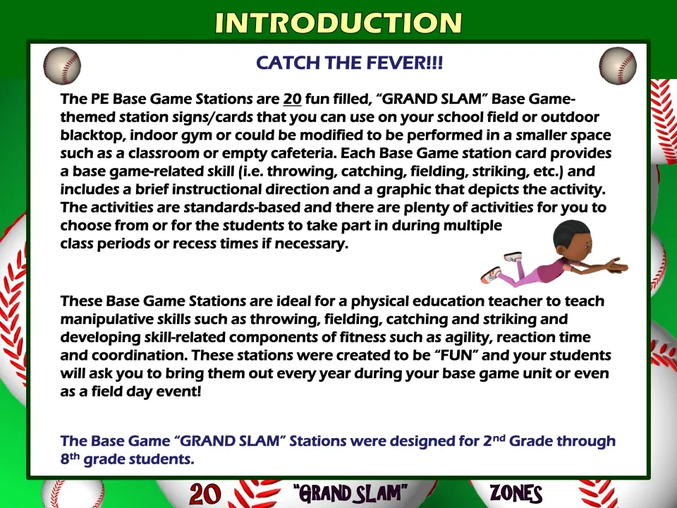 Introduction, Catch the Fever: overview of 20 station cards for throwing, catching, fielding and striking skills