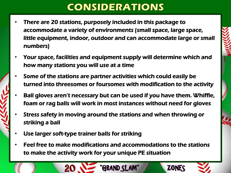 Considerations: tips on choosing stations for your space and equipment, partner groupings, soft balls, gloves and safety