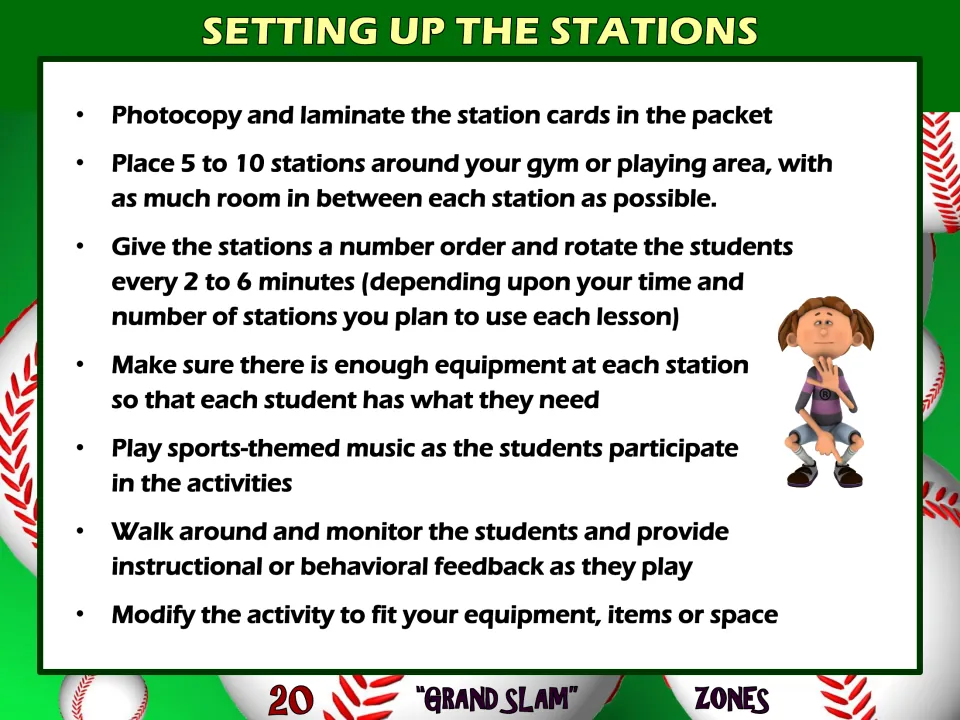 Setting up the stations: laminate cards, place 5 to 10 around the gym, rotate students every 2 to 6 minutes and monitor