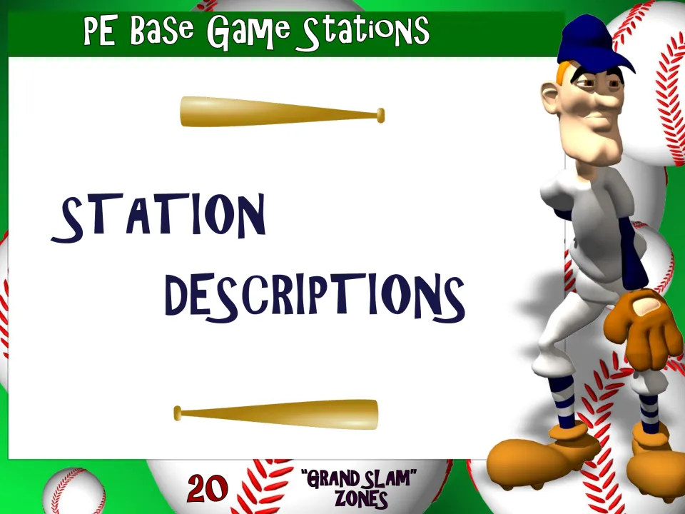 Section divider titled Station Descriptions, decorated with two bats and a cartoon baseball player wearing a glove