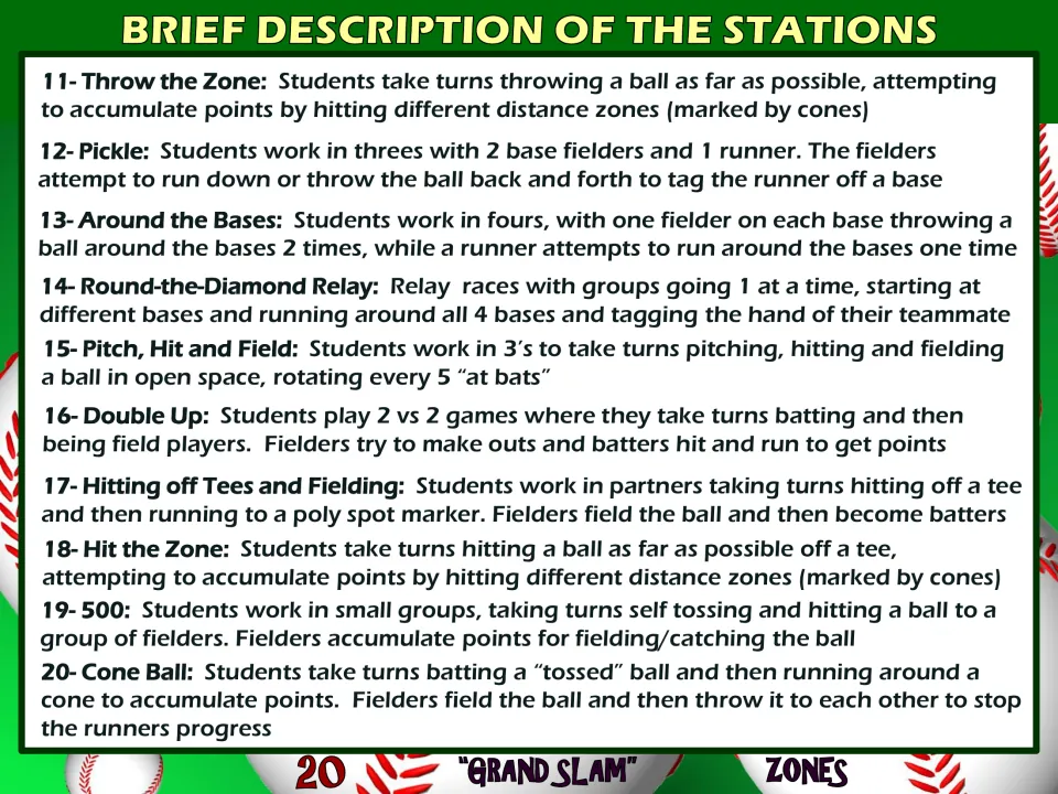 Descriptions of stations 11 to 20, including Pickle, Round-the-Diamond Relay, Double Up, Hit the Zone and Cone Ball
