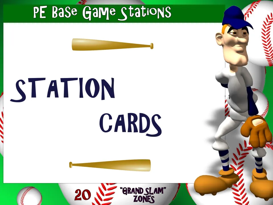 Section divider titled Station Cards, with two bats and a cartoon ballplayer, leading into the printable station signs