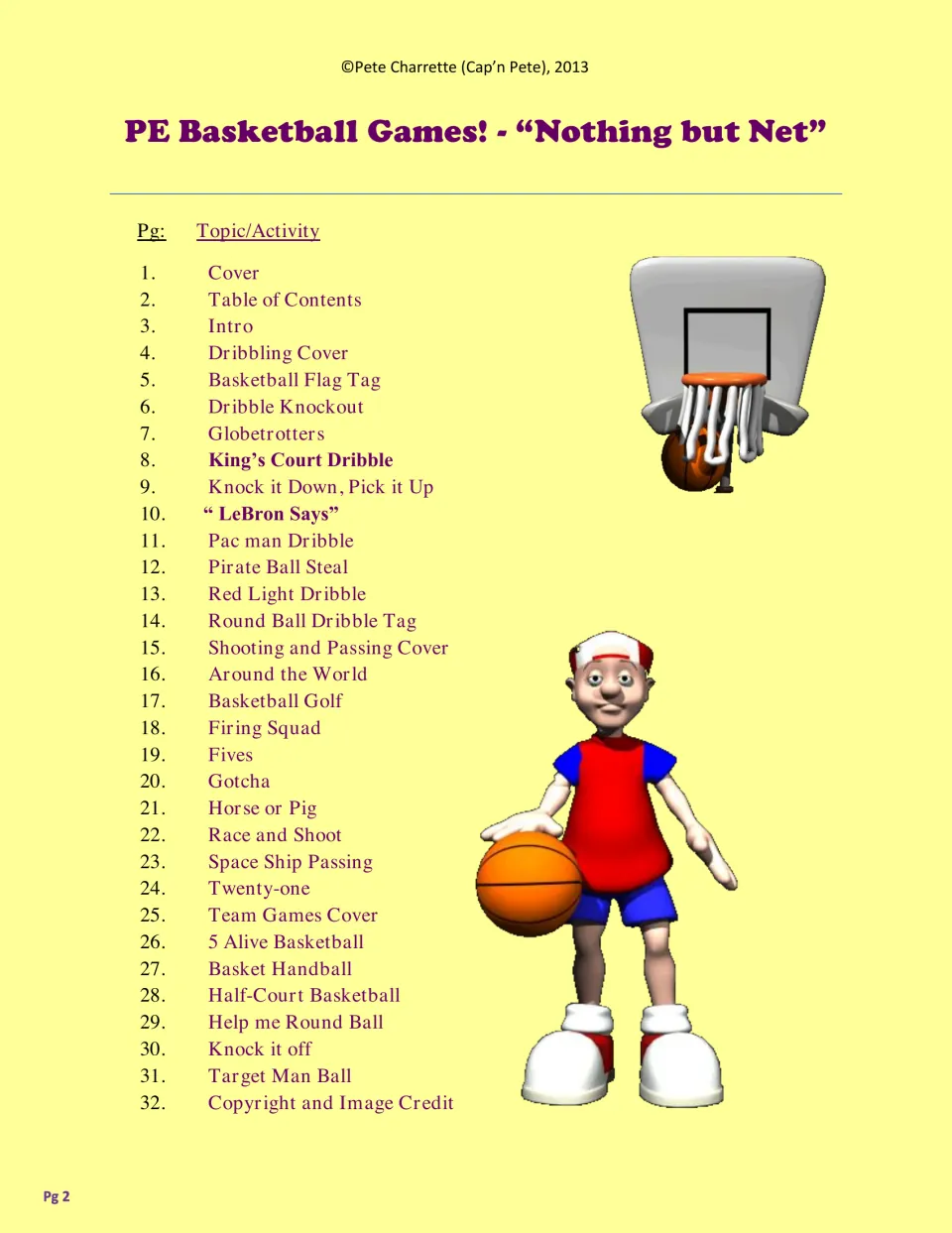 Table of contents for 32 pages: dribbling games, shooting and passing games, team games and a copyright page