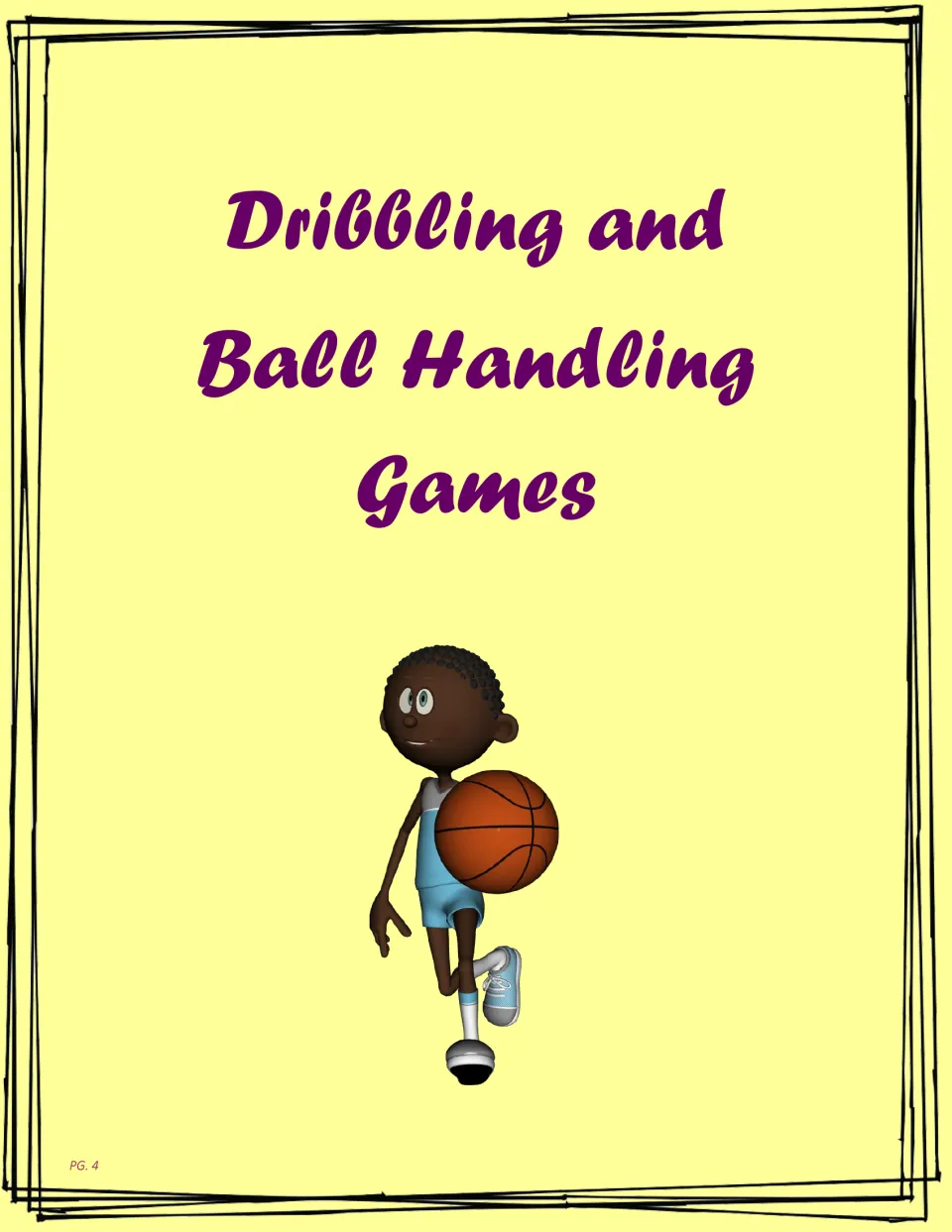Dribbling and Ball Handling Games section title, with a cartoon student running while holding a basketball