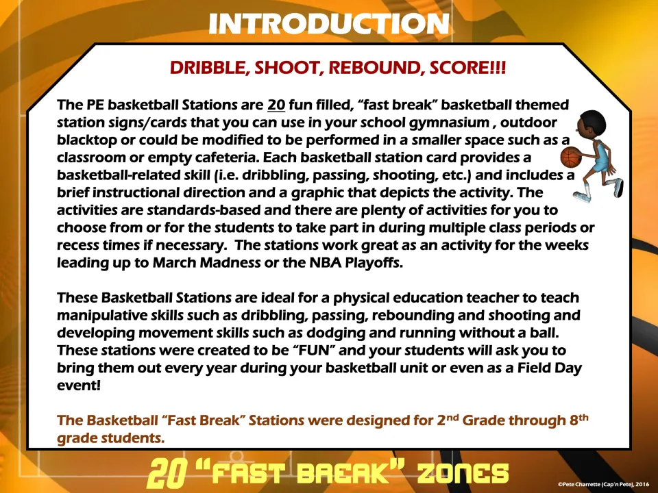 Introduction to 20 basketball station cards for dribbling, passing, rebounding and shooting in a gym, blacktop or classroom