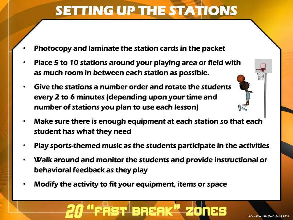 Station setup steps: laminate the cards, place 5 to 10 stations, rotate students every 2 to 6 minutes and play music
