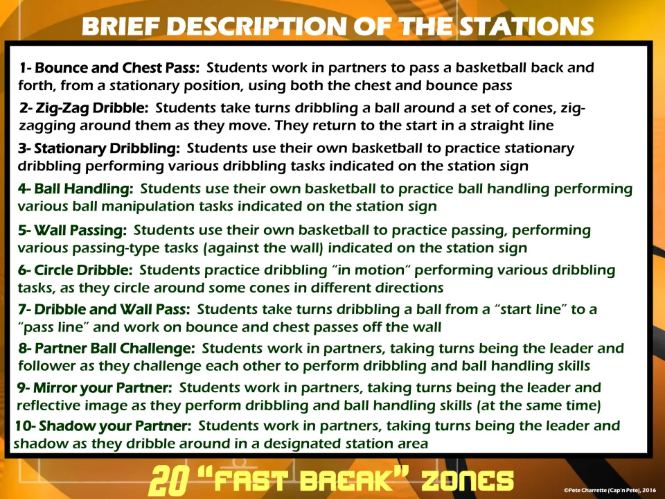 Station descriptions 1 to 10: chest and bounce passing, zig-zag and circle dribbling, wall passing and partner mirror drills