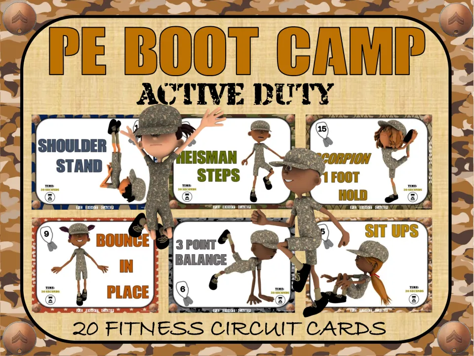 Cover of PE Boot Camp: Active Duty, a set of 20 fitness circuit cards, showing sample exercise visuals