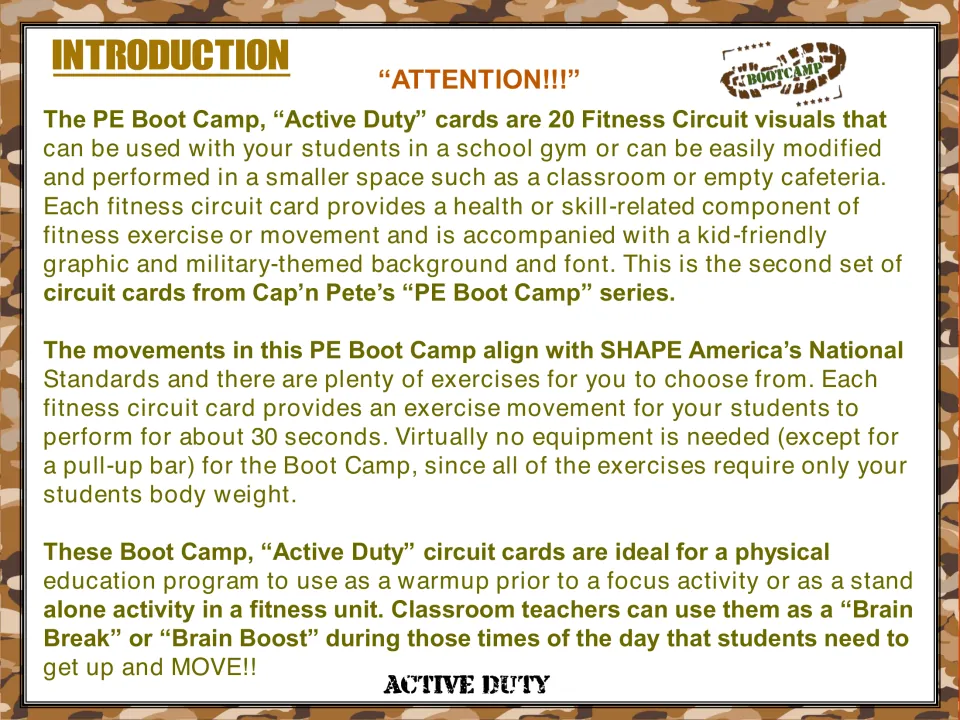 Introduction to the 20 fitness circuit cards, explaining 30-second exercises, PE warmups, and brain breaks
