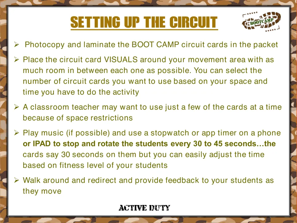 Circuit setup instructions explain printing and laminating cards, spacing stations, and timing rotations