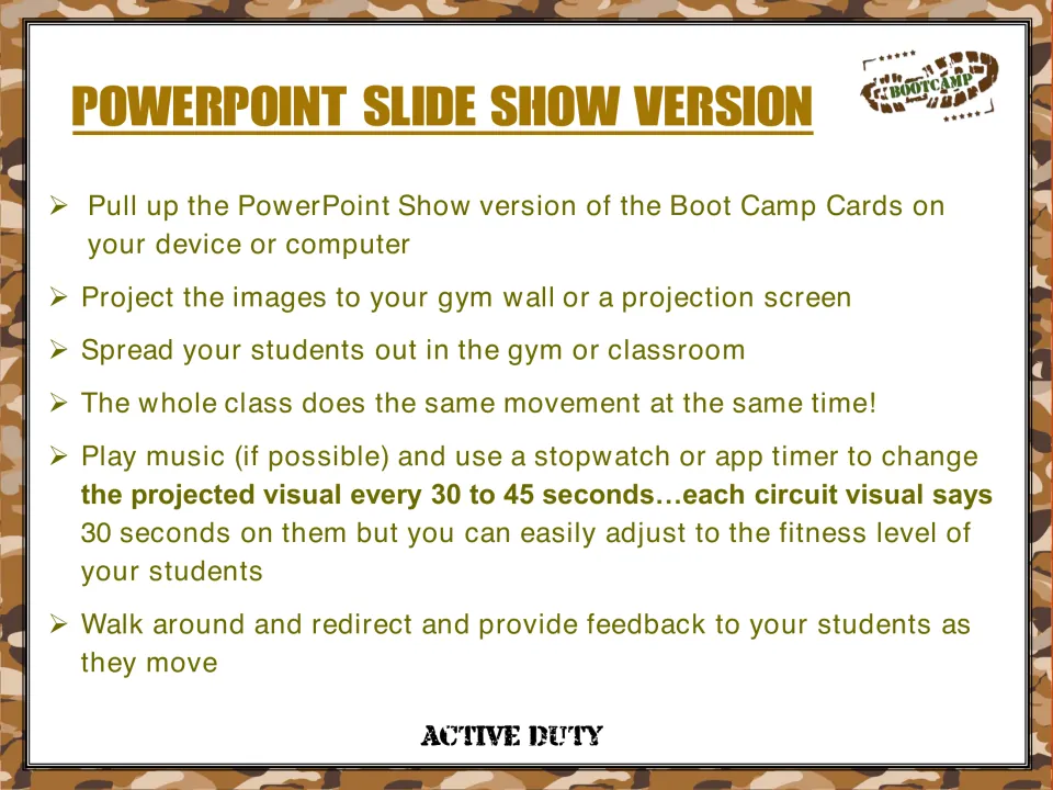 PowerPoint slideshow directions explain projecting exercise cards and changing visuals every 30–45 seconds