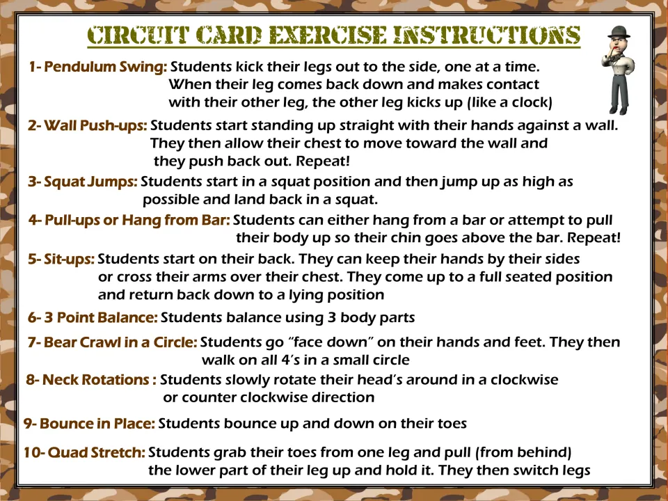 Directions for circuit cards 1–10: pendulum swing, wall push-ups, squat jumps, and seven more exercises