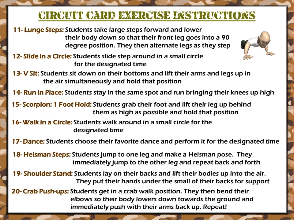 Directions for circuit cards 11–20: lunge steps, slide in a circle, V sit, and seven more exercises