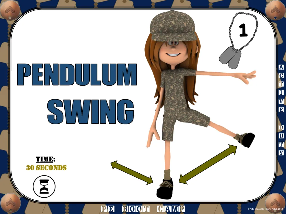 Circuit card 1: Pendulum Swing, showing a student swinging one leg sideways, with a 30-second time cue
