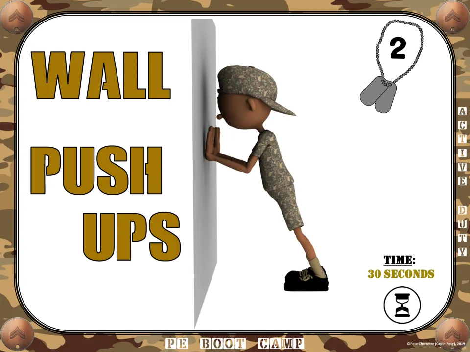 Circuit card 2: Wall Push Ups, showing a student leaning toward a wall on their hands for 30 seconds