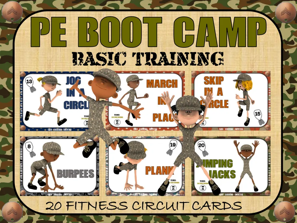 PE Boot Camp: Basic Training cover introduces 20 fitness circuit cards with sample exercise illustrations