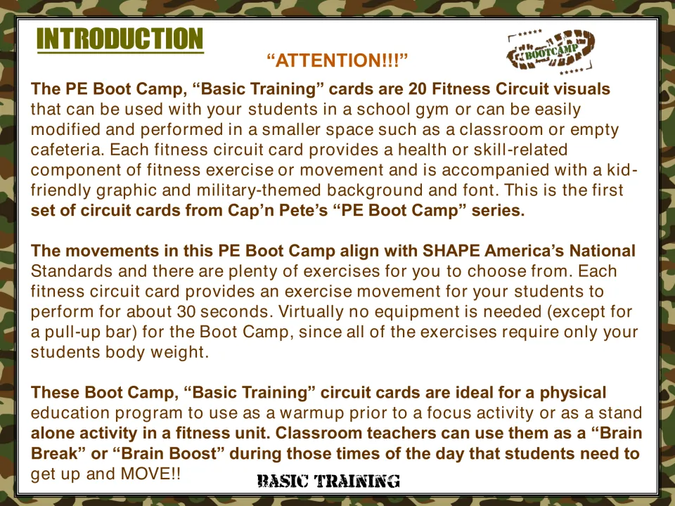 Introduction to the 20 fitness circuit cards explains 30-second exercises, PE warmups, and brain breaks