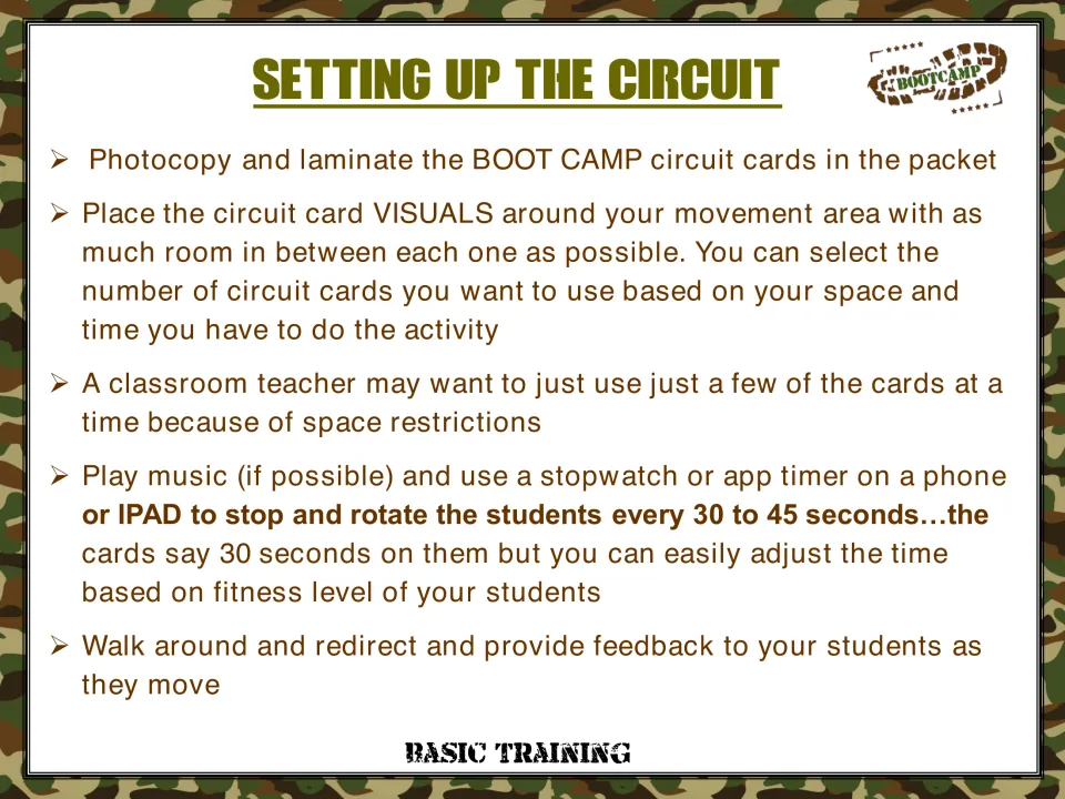 Circuit setup directions explain copying cards, spacing stations, and rotating students every 30 to 45 seconds