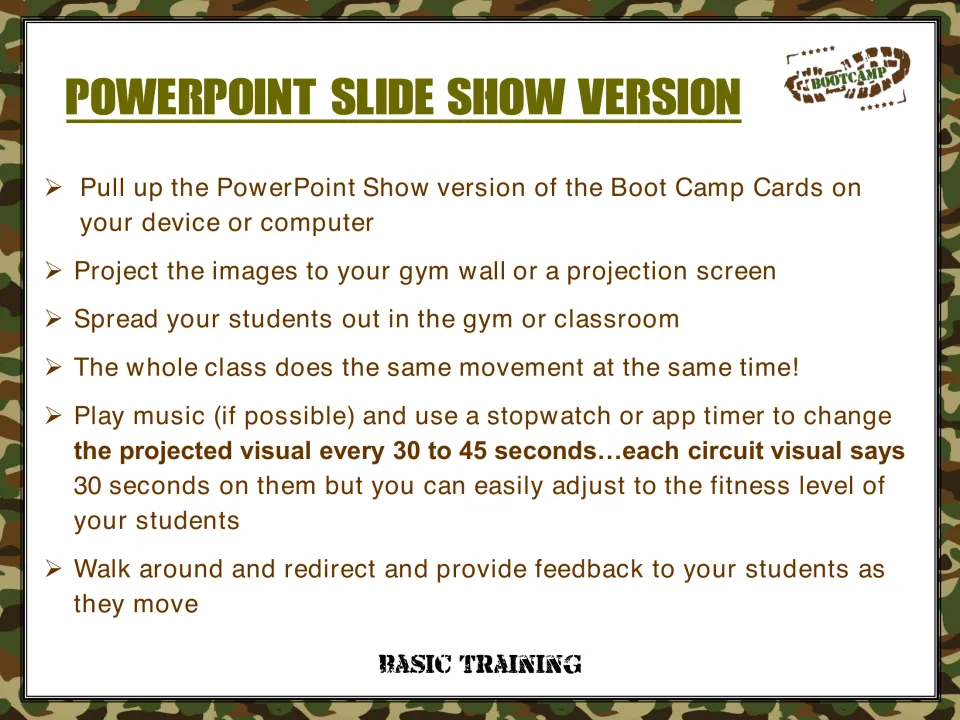 Slideshow directions explain projecting exercise cards for the whole class and changing them every 30 to 45 seconds