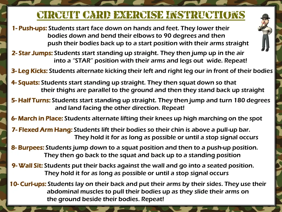 Instructions for circuit exercises 1–10: push-ups, star jumps, leg kicks, squats, half turns, and five more