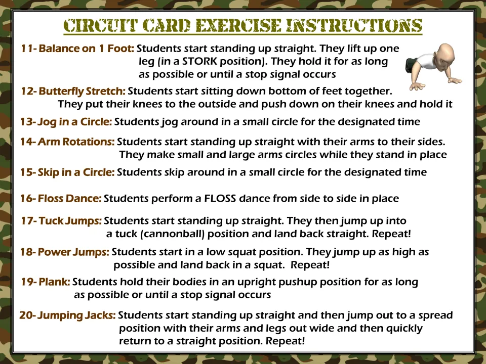 Instructions for circuit exercises 11–20: balance on one foot, butterfly stretch, jog in a circle, and seven more