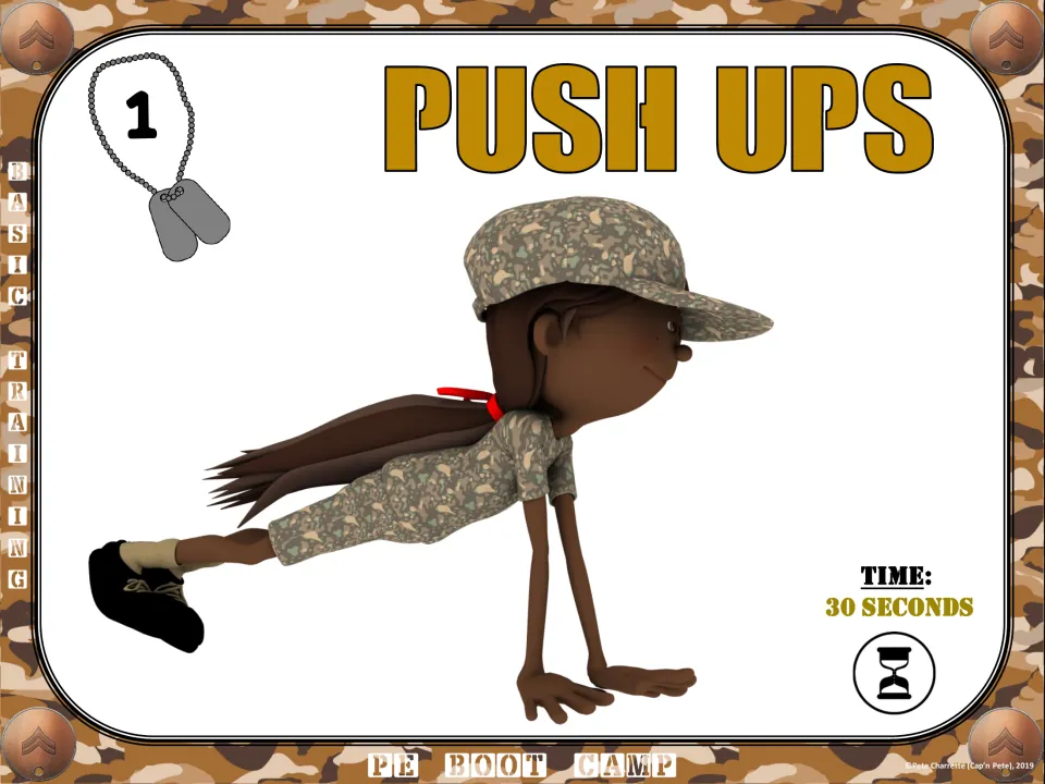Fitness circuit card 1: Push Ups, showing a child supporting the body on hands and toes, timed for 30 seconds