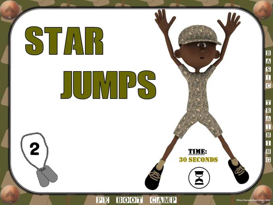 Fitness circuit card 2: Star Jumps, showing a child jumping with arms and legs spread, timed for 30 seconds